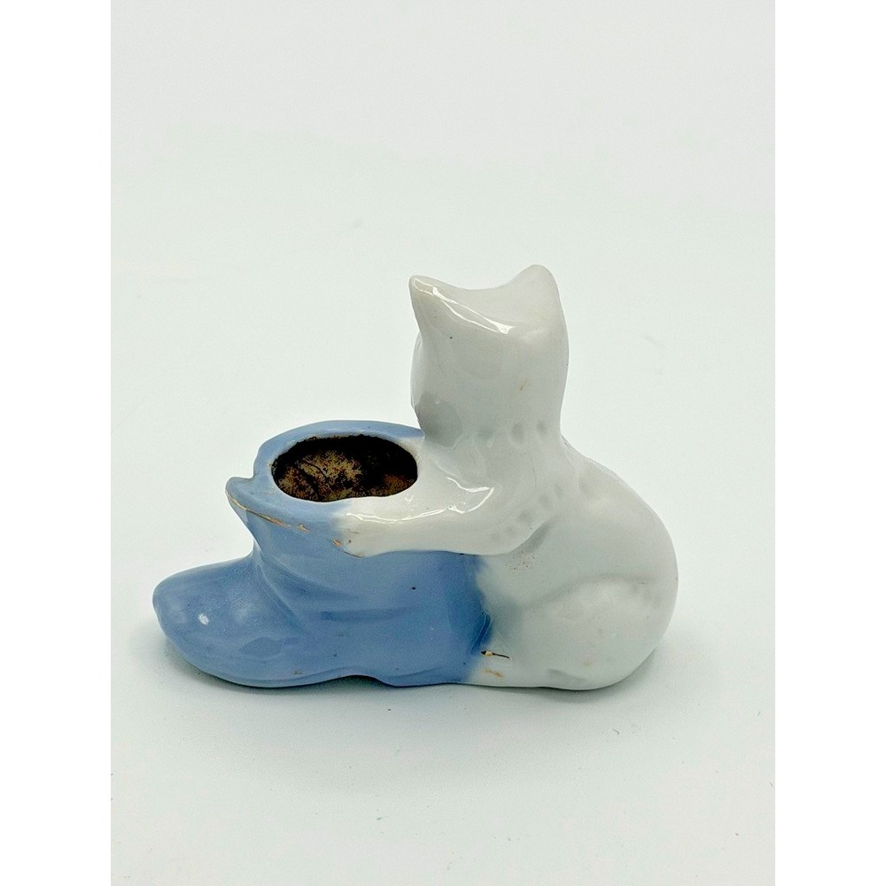 Vintage PAC Japan Ceramic Cat & Blue Boot Mini Planter Figurine Gold Trim - Picture 3 of 7